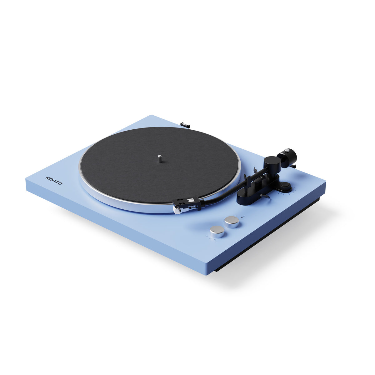 Blue turntable with black platter on a white background