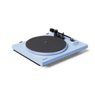 Blue turntable with black platter on a white background