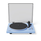 Blue turntable with a clear dust cover on a white background