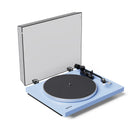 Blue turntable with a clear dust cover on a white background
