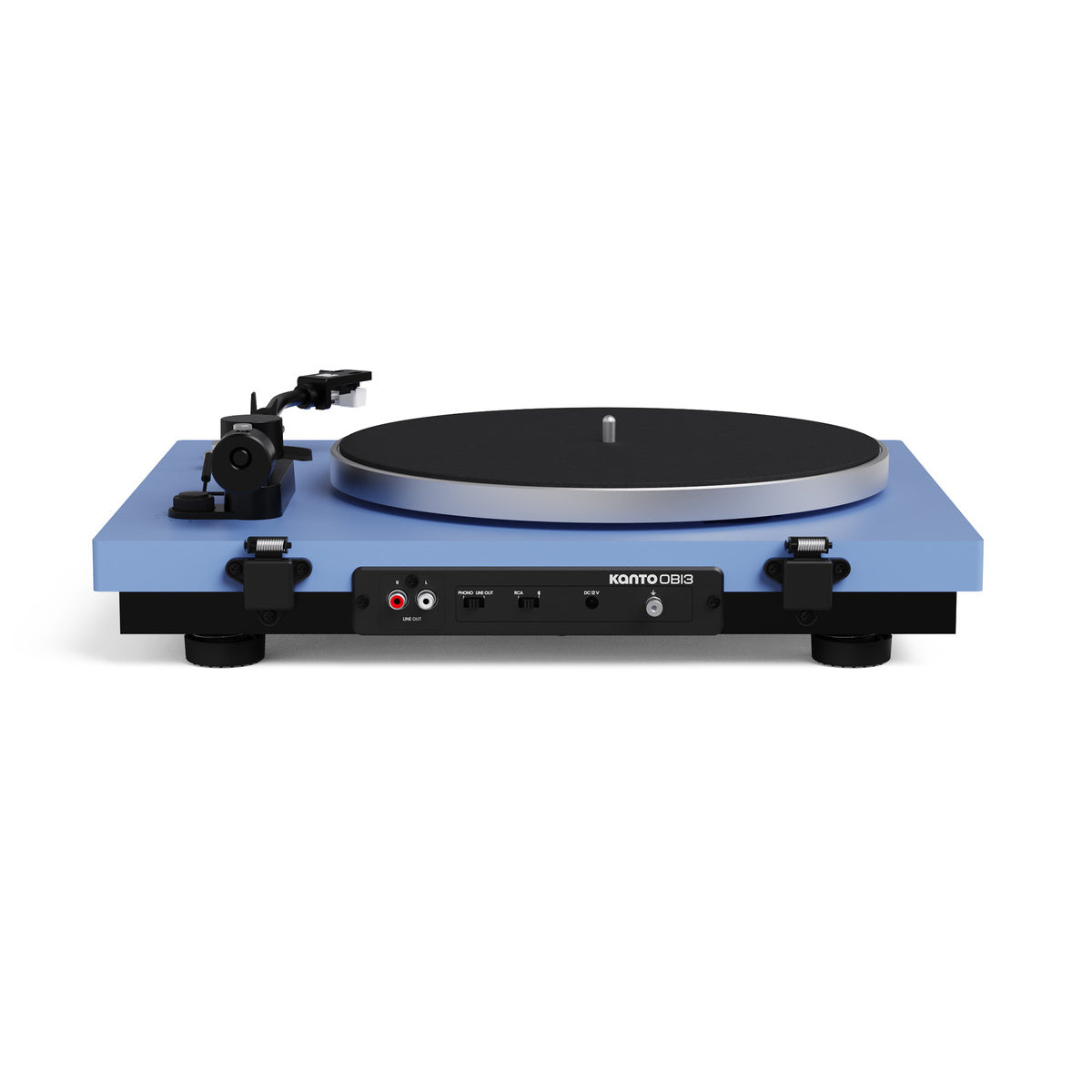 Blue turntable with black platter on a white background