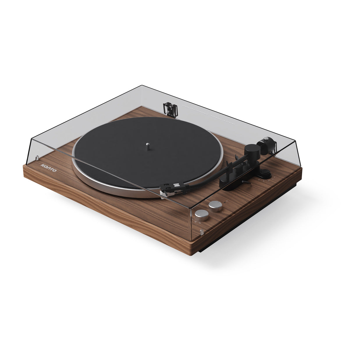 Wooden turntable with clear dust cover on a white background
