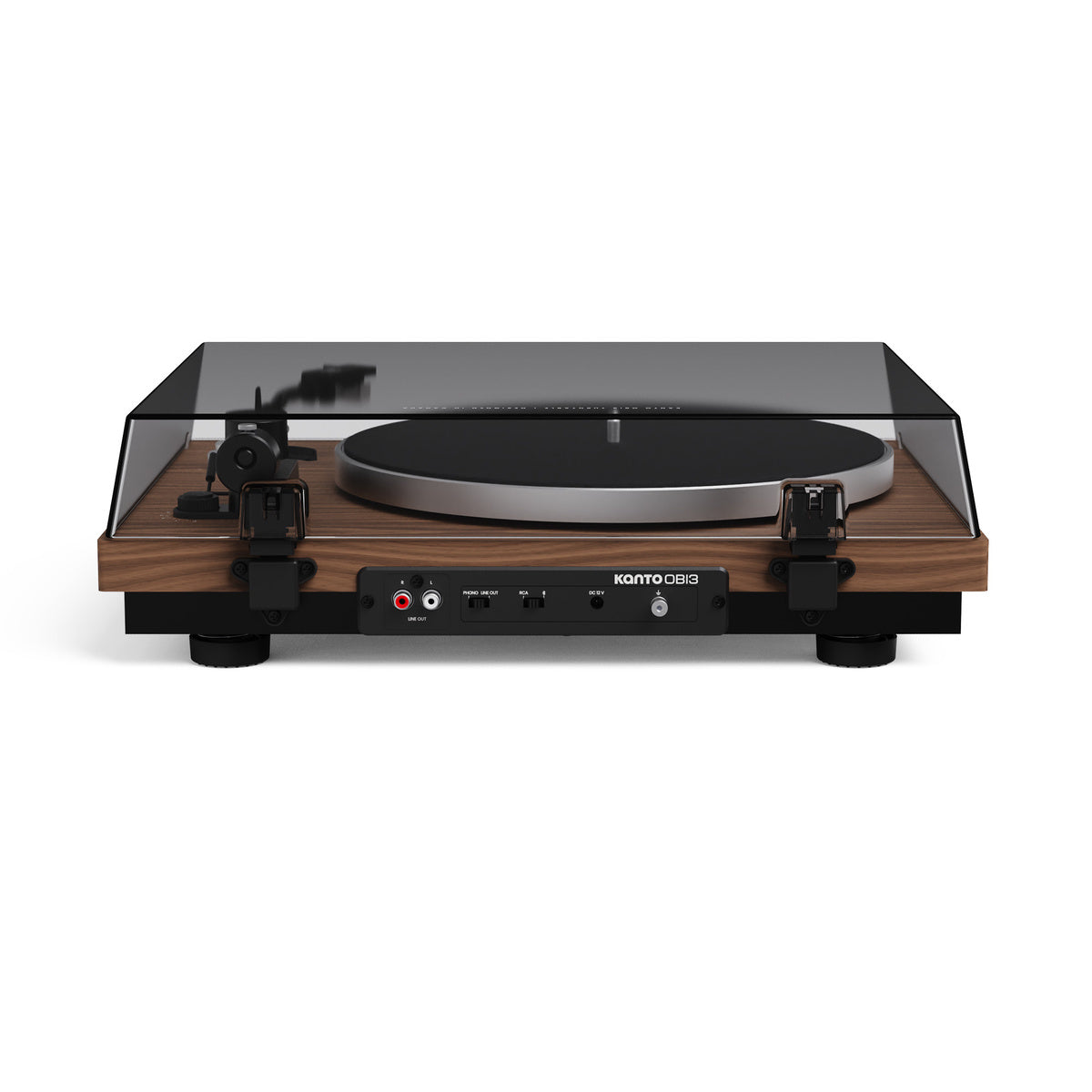Turntable with wooden finish and clear dust cover on a white background