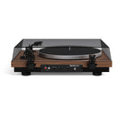 Turntable with wooden finish and clear dust cover on a white background