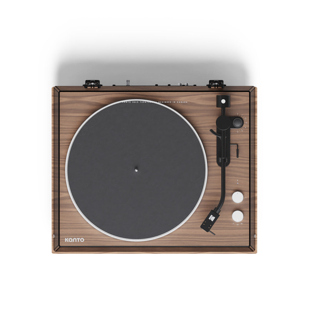 Wooden record player with black turntable on a white background