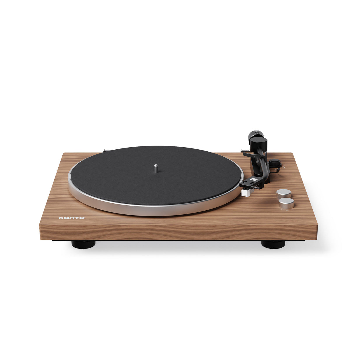 Wooden turntable with black platter on a white background