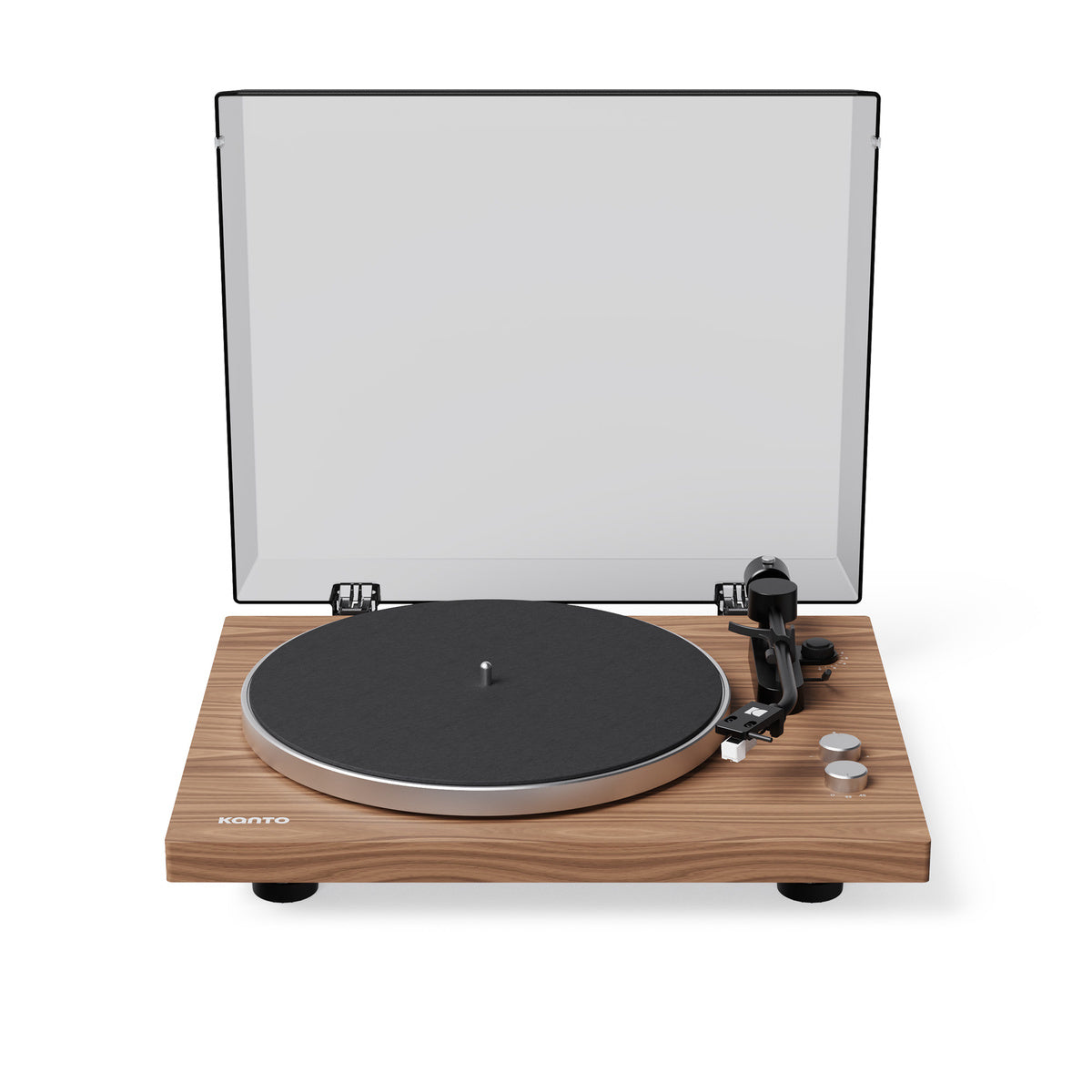 Wooden turntable with a clear dust cover on a white background