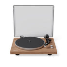 Wooden turntable with a clear dust cover on a white background