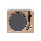 Wooden turntable with a gray platter on a white background