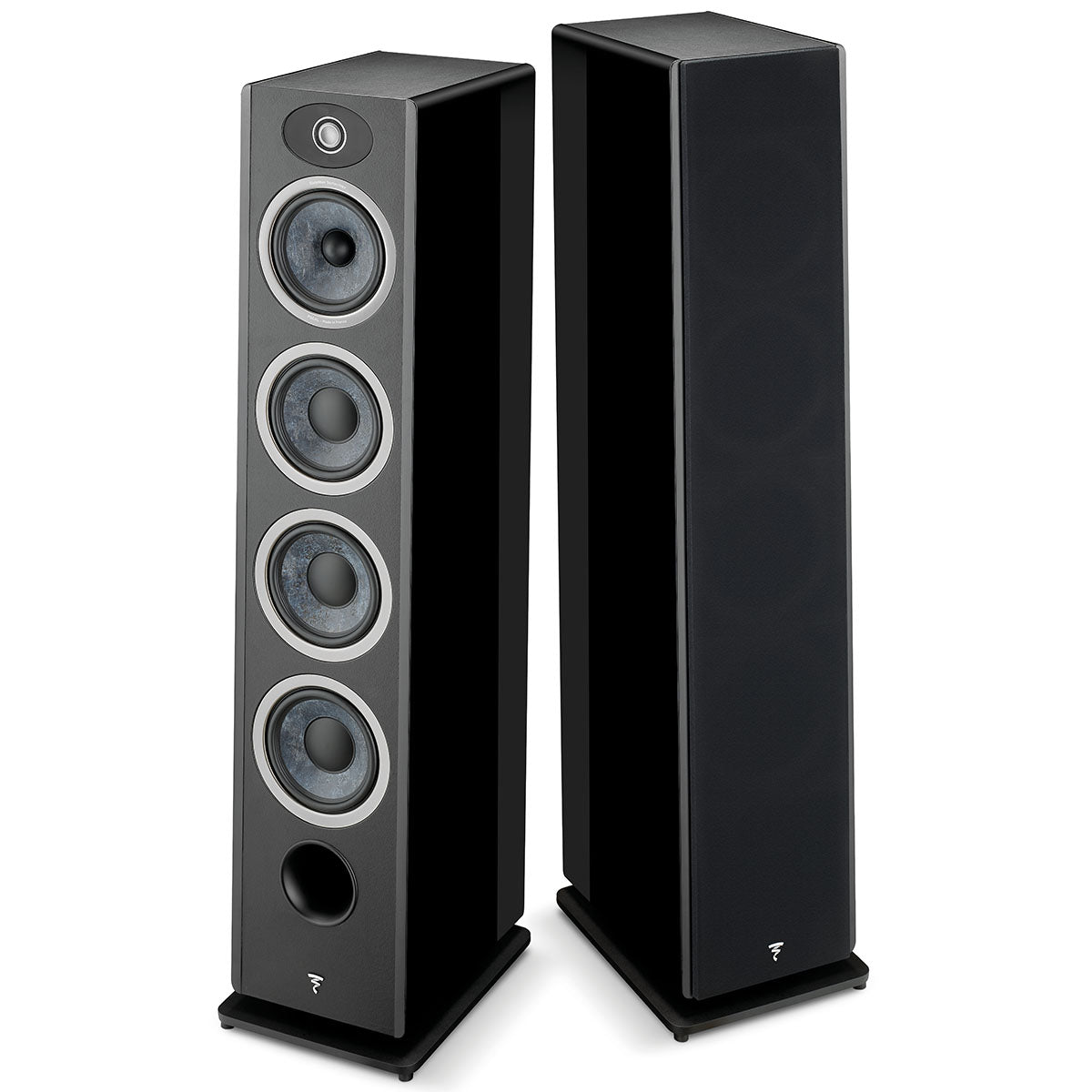 Focal Omada N°3 Floor Standing Speaker - Black High Gloss - pair of speakers front view side by side angled outward left speaker no grille right speaker with grille