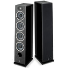Focal Omada N°3 Floor Standing Speaker - Black High Gloss - pair of speakers front view side by side angled outward left speaker no grille right speaker with grille