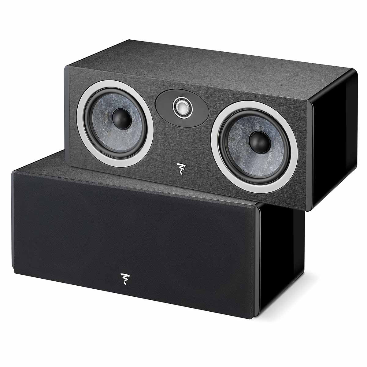 Focal Omada Center Channel Speaker - Black High Gloss - two speakers stacked front view angled right top speaker no grille bottom speaker with grille