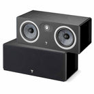 Focal Omada Center Channel Speaker - Black High Gloss - two speakers stacked front view angled right top speaker no grille bottom speaker with grille