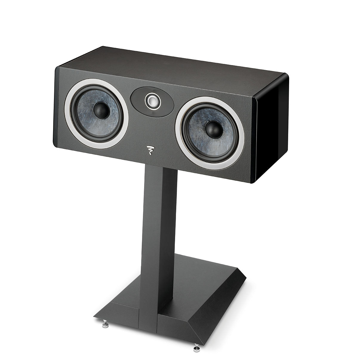 Focal Omada Center Channel Speaker - Black High Gloss - single speaker front view on speaker stand angled left no grille
