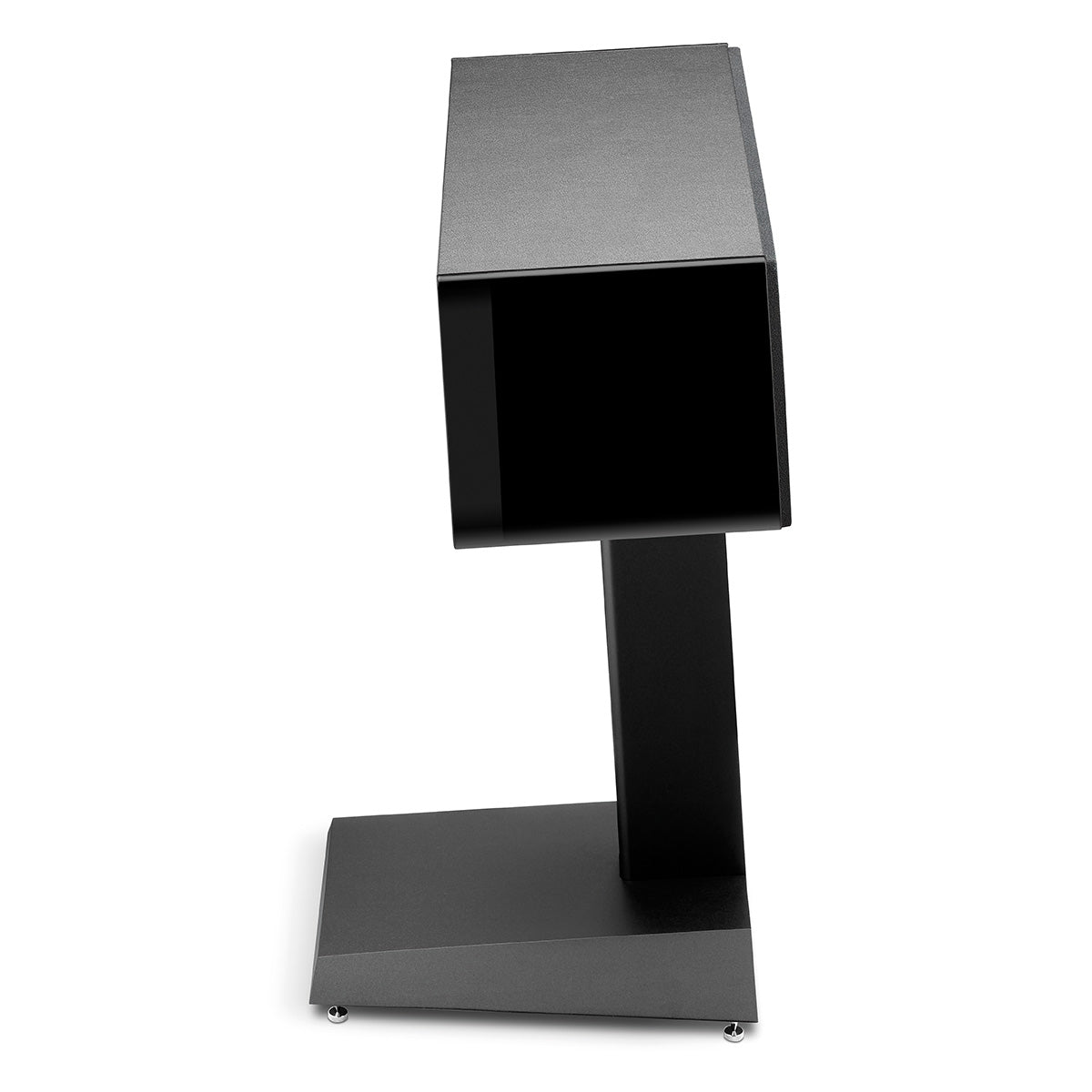 Focal Omada Center Channel Speaker - Black High Gloss - single speaker side view on speaker stand facing right with grille