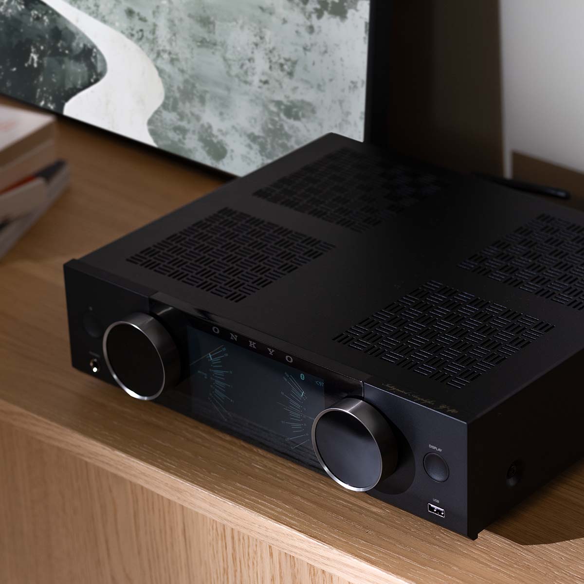 Onkyo Muse Y-40 Network Integrated Amplifier - Black - top view of unit on cabinet