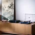 Onkyo Muse Y-40 Network Integrated Amplifier - Black - lifestyle photo of unit on cabinet to left of turntable