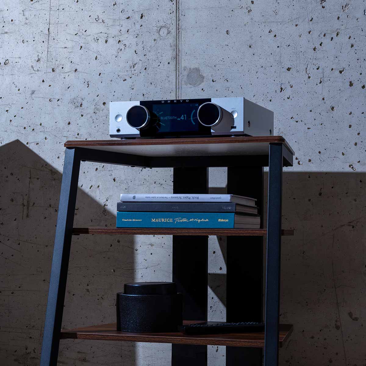 Onkyo Muse Y-40 Network Integrated Amplifier - Silver - lifestyle photo of unit on cabinet facing left
