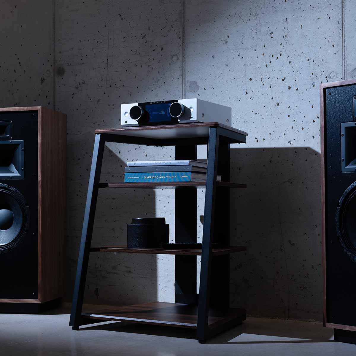 Onkyo Muse Y-40 Network Integrated Amplifier - Silver - lifestyle photo of unit on cabinet facing left