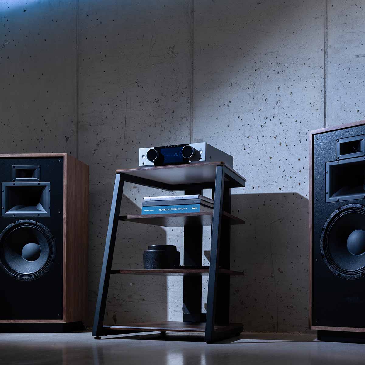 Onkyo Muse Y-40 Network Integrated Amplifier - Silver - lifestyle photo of unit on cabinet facing left