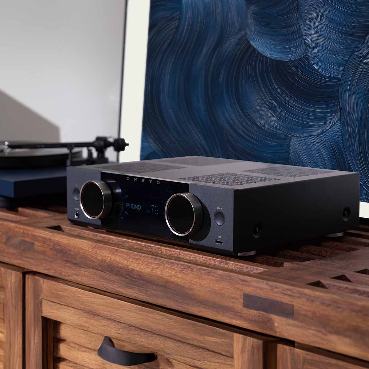 Onkyo Muse Y-50 Network Integrated Amplifier - Black - lifestyle view of unit on cabinet facing left