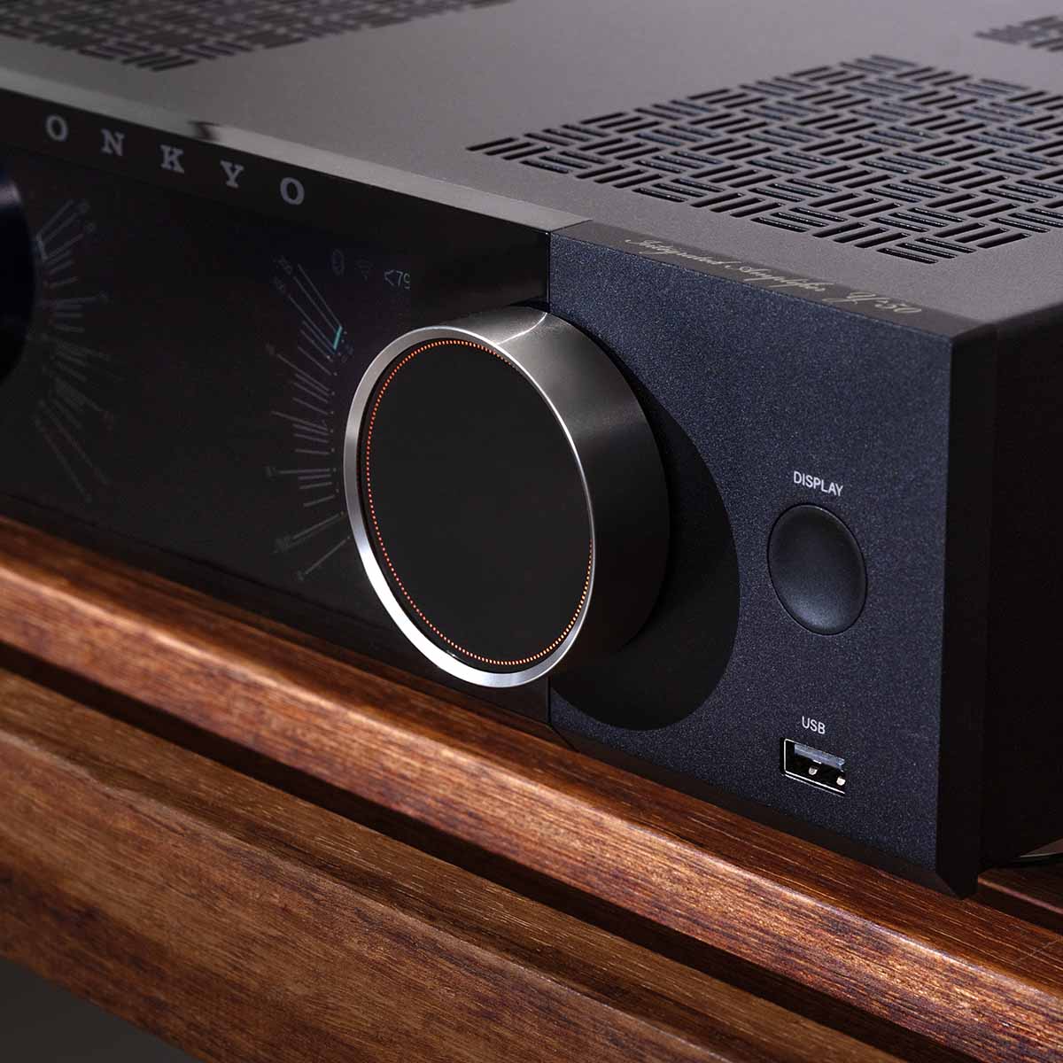 Onkyo Muse Y-50 Network Integrated Amplifier - Black - lifestyle view of unit on cabinet facing left closeup of left knob
