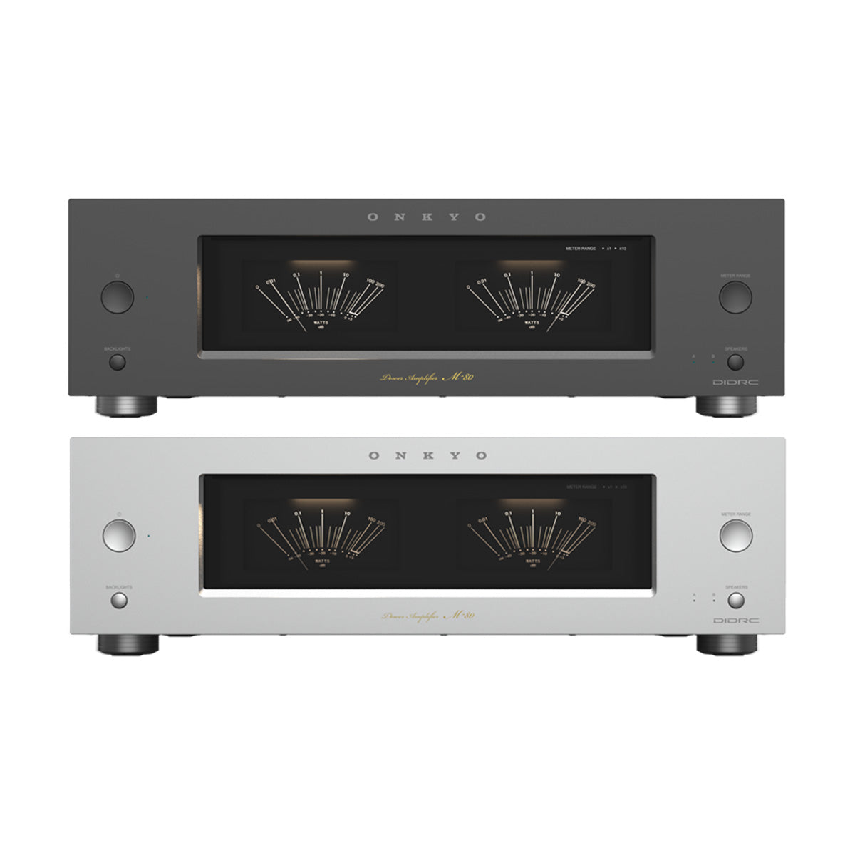 Onkyo Icon M-80 2-Channel HiFi Power Amplifier front view of two units with black unit to top and silver to bottom