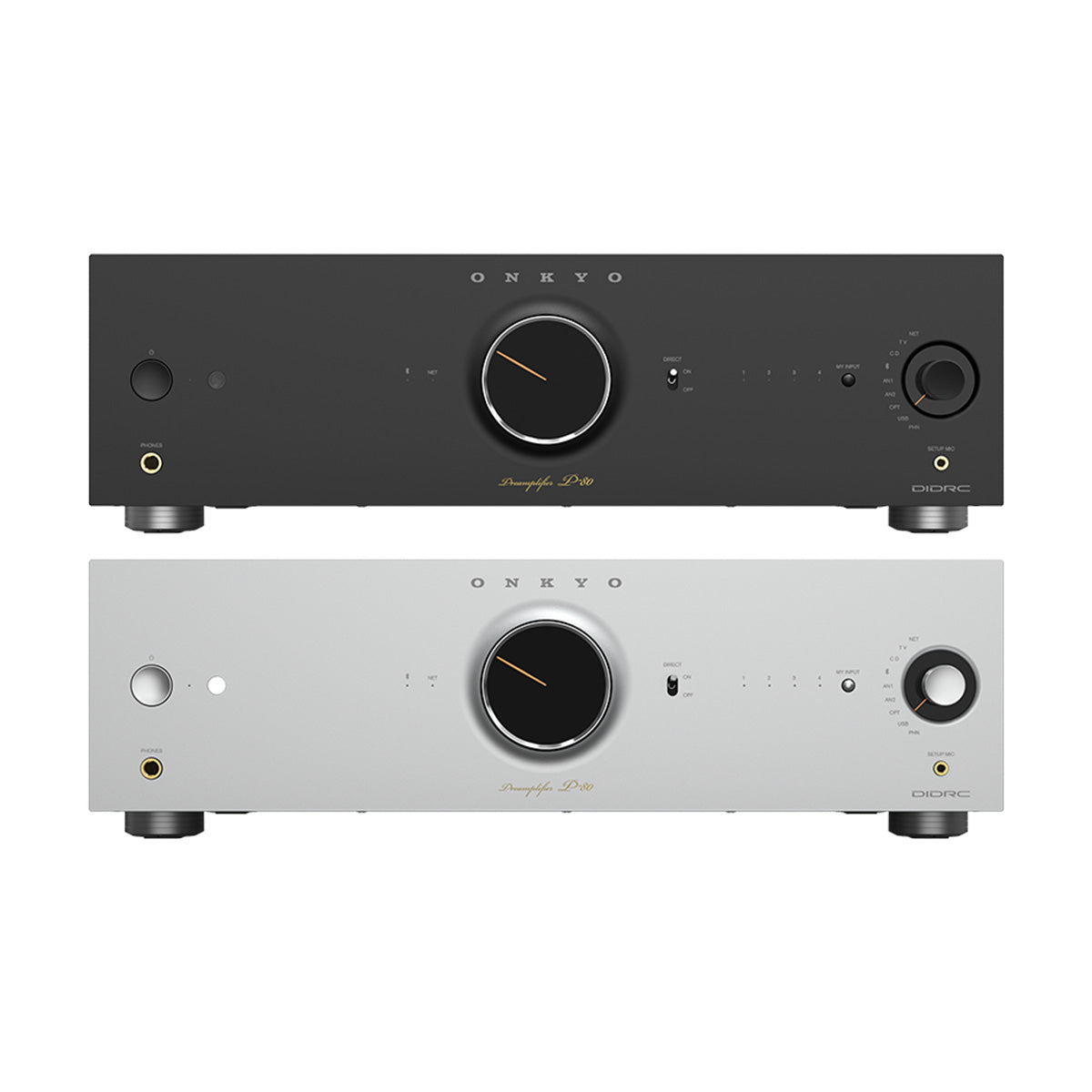Onkyo Icon P-80 2-Channel HiFi Network Preamplifier front view of two units with black unit to top and silver to bottom