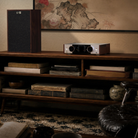 Onkyo Muse Y-50 80th Anniversary Network Streamer & Integrated Amplifier sits on a wooden media console in a styled room with books, a speaker, and a framed artwork in the background.