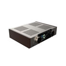 A high-end audio receiver or amplifier chassis shown at a three-quarter angle on a solid white background. The unit features a dark brown wood-grain finish on the outer casing, a brushed silver metal top plate with ventilation grilles, and a black front panel with large control knobs and blue accents.