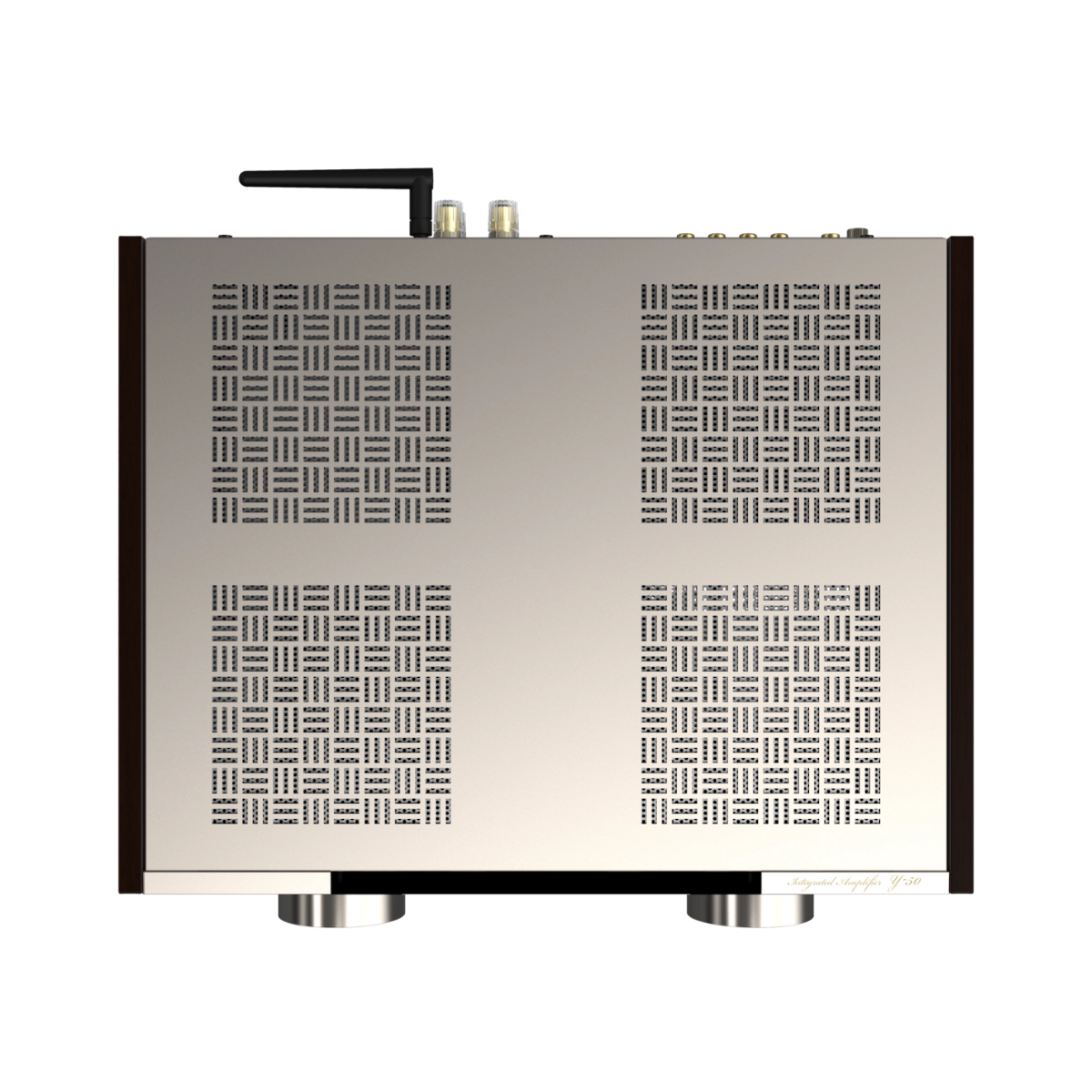 A high-end audio amplifier or receiver chassis with a brushed silver metal front panel featuring four square vented sections, black side panels, a black top handle, and silver feet, shown on a pure white background.