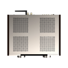 A high-end audio amplifier or receiver chassis with a brushed silver metal front panel featuring four square vented sections, black side panels, a black top handle, and silver feet, shown on a pure white background.