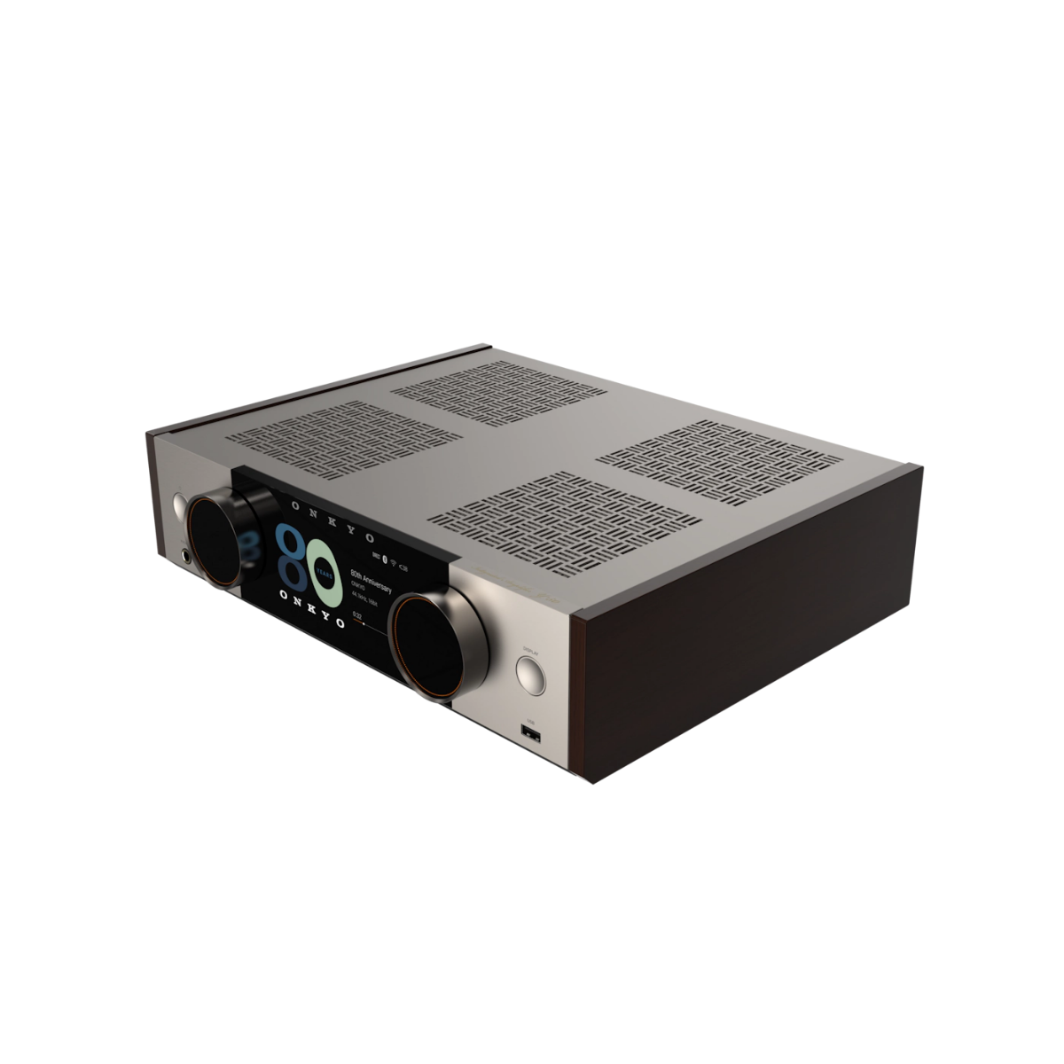 A high-end audio receiver or amplifier with a brushed silver top panel, black side panels, a central black control face with a digital display, and a large central rotary knob, shown on a plain white background.