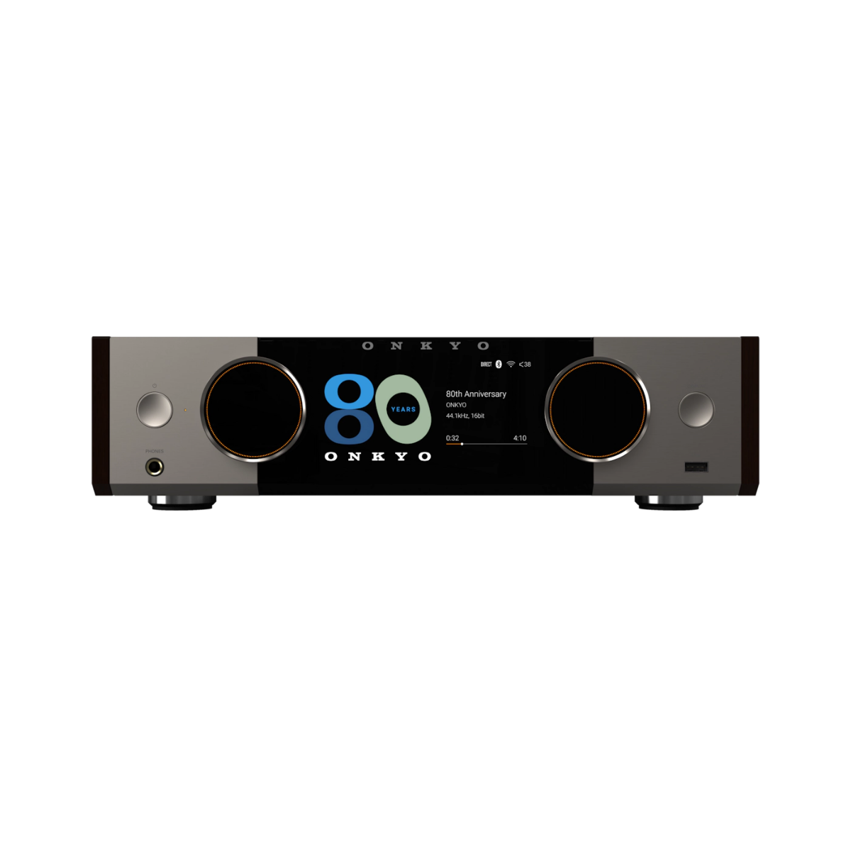 Onkyo Muse Y-50 80th Anniversary Network Streamer & Integrated Amplifier shown from the front on a plain white background. The device has a black faceplate with a glossy finish, two large circular speaker grilles, and a central digital display showing blue and green interface elements.