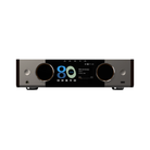 Onkyo Muse Y-50 80th Anniversary Network Streamer & Integrated Amplifier shown from the front on a plain white background. The device has a black faceplate with a glossy finish, two large circular speaker grilles, and a central digital display showing blue and green interface elements.