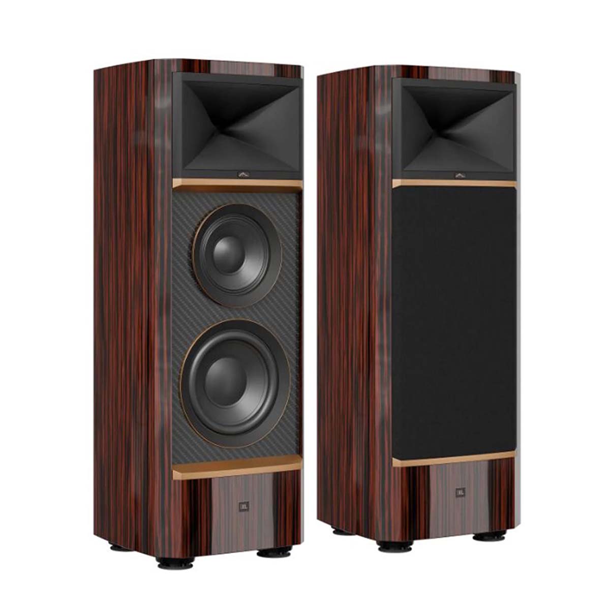JBL Summit Pumoni Floorstanding Loudspeaker -  Ebony - Pair of speakers angled right - left speaker without grille, right speaker with grille
