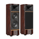 JBL Summit Pumoni Floorstanding Loudspeaker -  Ebony - Pair of speakers angled right - left speaker without grille, right speaker with grille