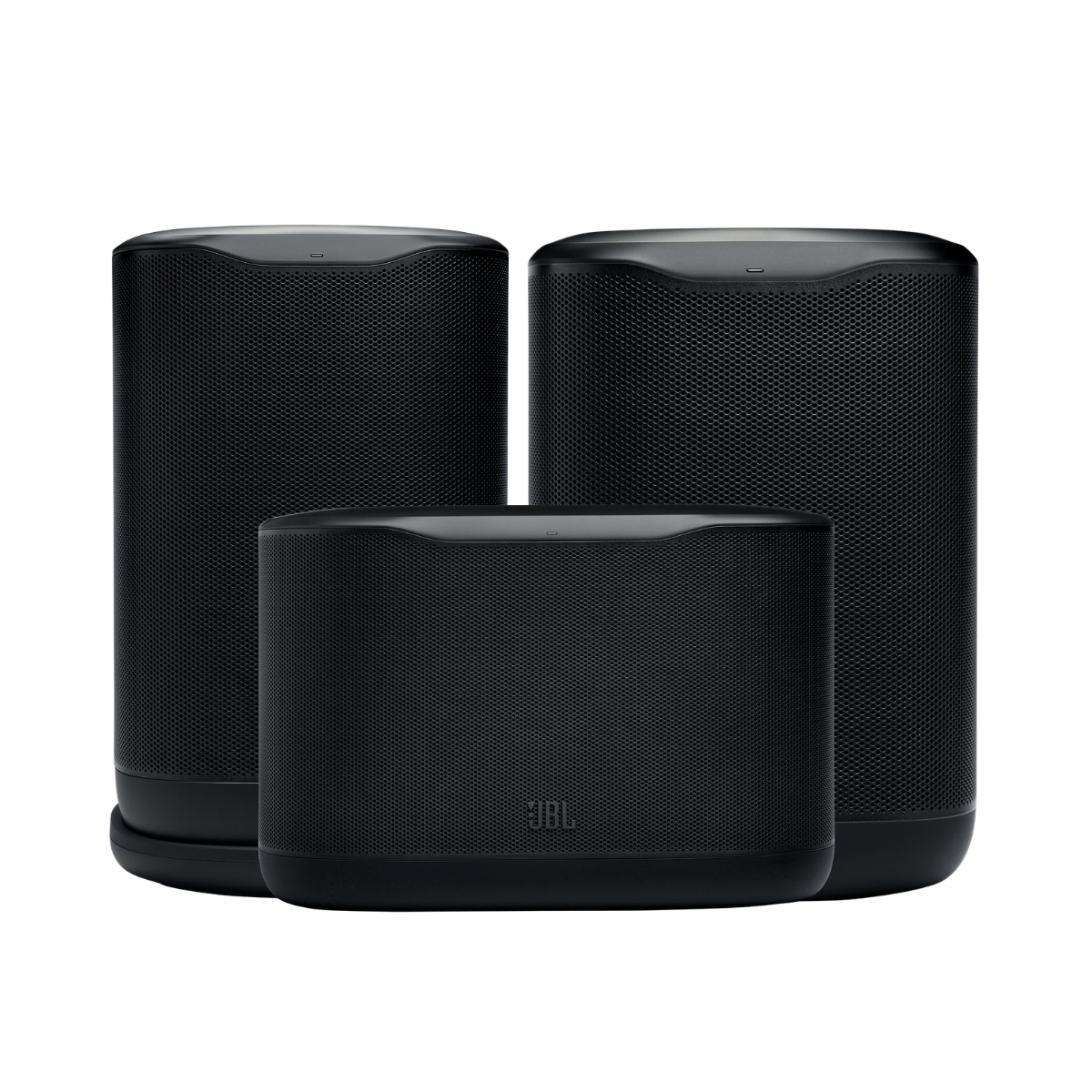 Three black JBL wireless speakers (JBL Cove P1 + X1 + M1 Speaker Bundle) arranged together on a plain white background, with two tall cylindrical speakers behind a shorter rectangular center speaker.