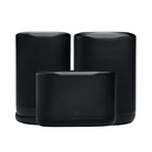 Three black JBL wireless speakers (JBL Cove P1 + X1 + M1 Speaker Bundle) arranged together on a plain white background, with two tall cylindrical speakers behind a shorter rectangular center speaker.