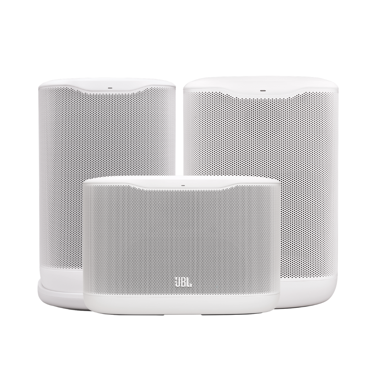 Three white JBL portable speakers  (JBL Cove P1 + X1 + M1 Speaker Bundle) of different sizes arranged together on a clean white background.