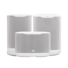 Three white JBL portable speakers  (JBL Cove P1 + X1 + M1 Speaker Bundle) of different sizes arranged together on a clean white background.
