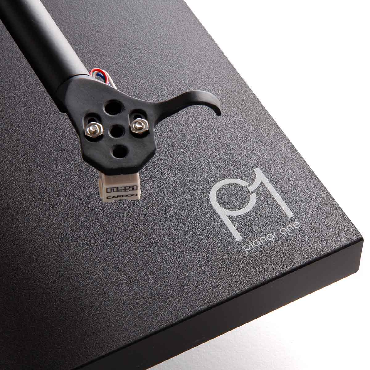 Rega Planar 1 Turntable - black - top down view of Planar 1 logo and Carbon cartridge at end of tone arm