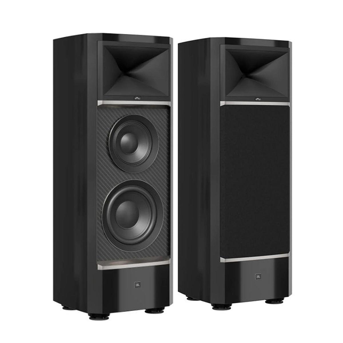 JBL Summit Pumoni Floorstanding Loudspeaker -  Black - Pair of speakers angled right - left speaker without grille, right speaker with grille