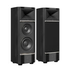 JBL Summit Pumoni Floorstanding Loudspeaker -  Black - Pair of speakers angled right - left speaker without grille, right speaker with grille