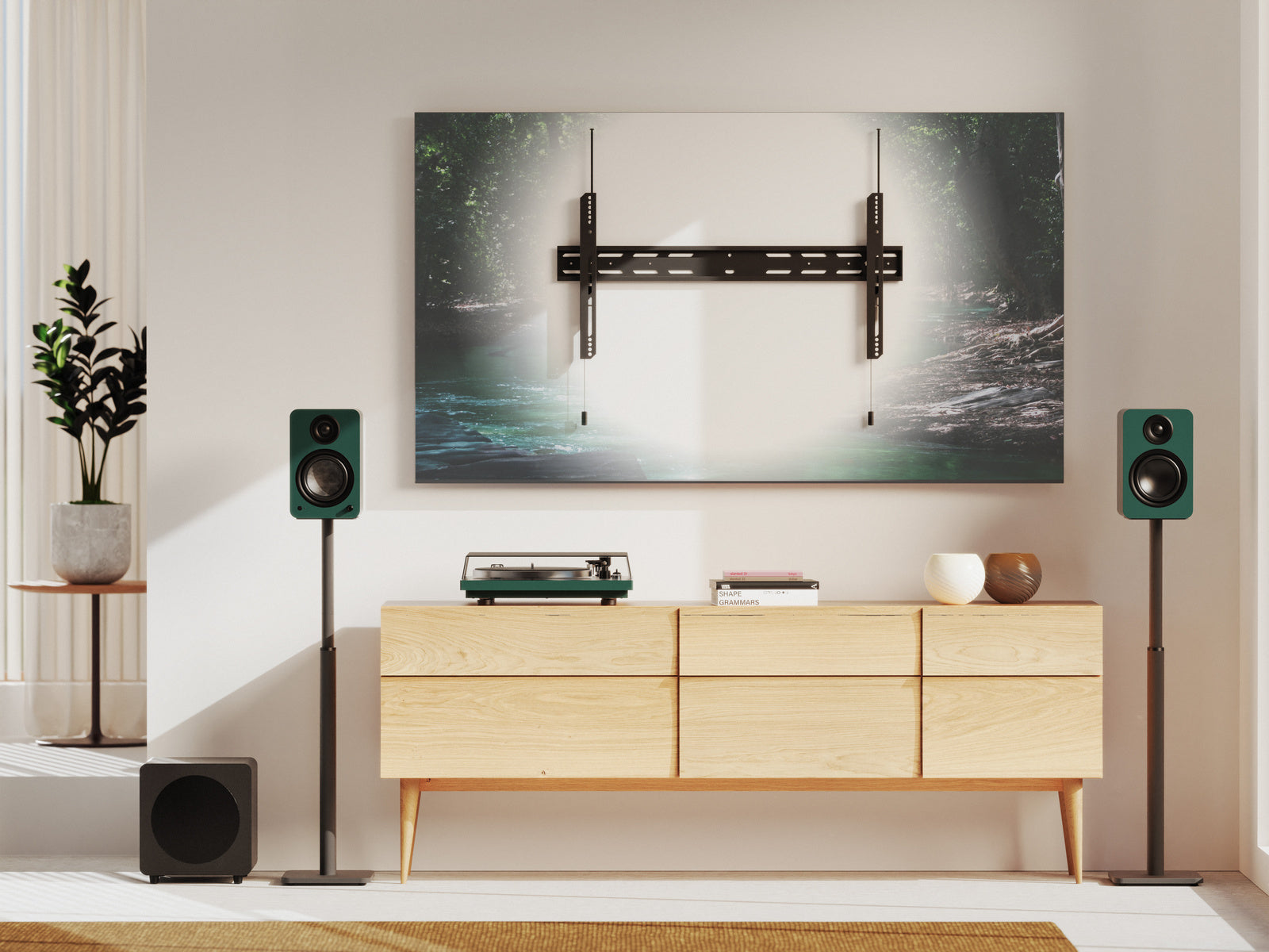 Modern living room with a TV mounted on the wall, speakers, and a wooden cabinet.