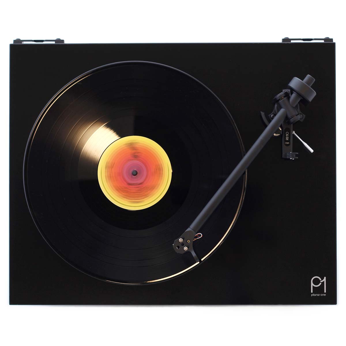 Rega Planar 1 Turntable - black - top down view with record on platter and tone arm engaged