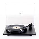 Rega Planar 1 Turntable - black - front view view with open dust cover, record on platter and tone arm engaged