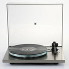 Rega Planar 6 RS Special Edition Turntable - high-angle front view with open dustcover and record on platter with tone arm not engaged