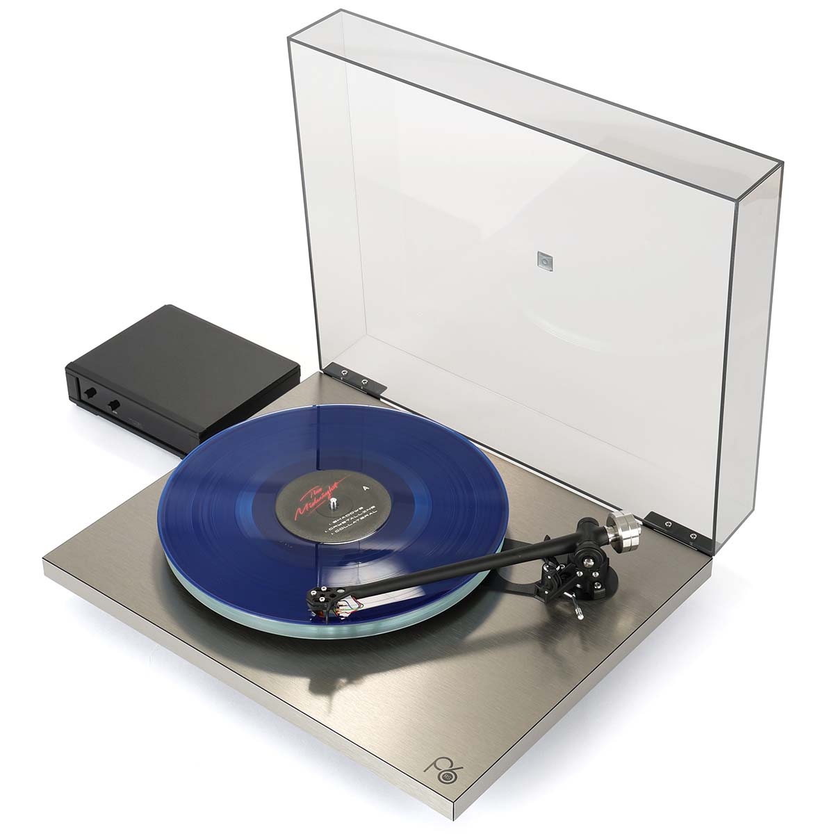 Rega Planar 6 RS Special Edition Turntable - high-angle three-quarter view with open dustcover and record on platter with tonearm engaged, separate phono stage to left