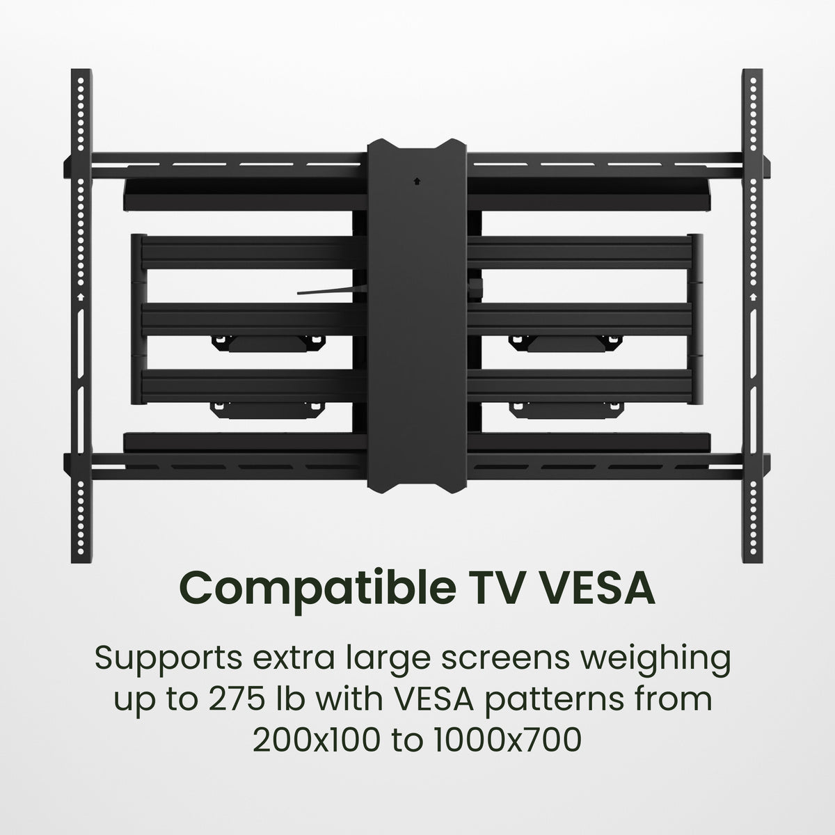 Black TV wall mount with text on a white background
